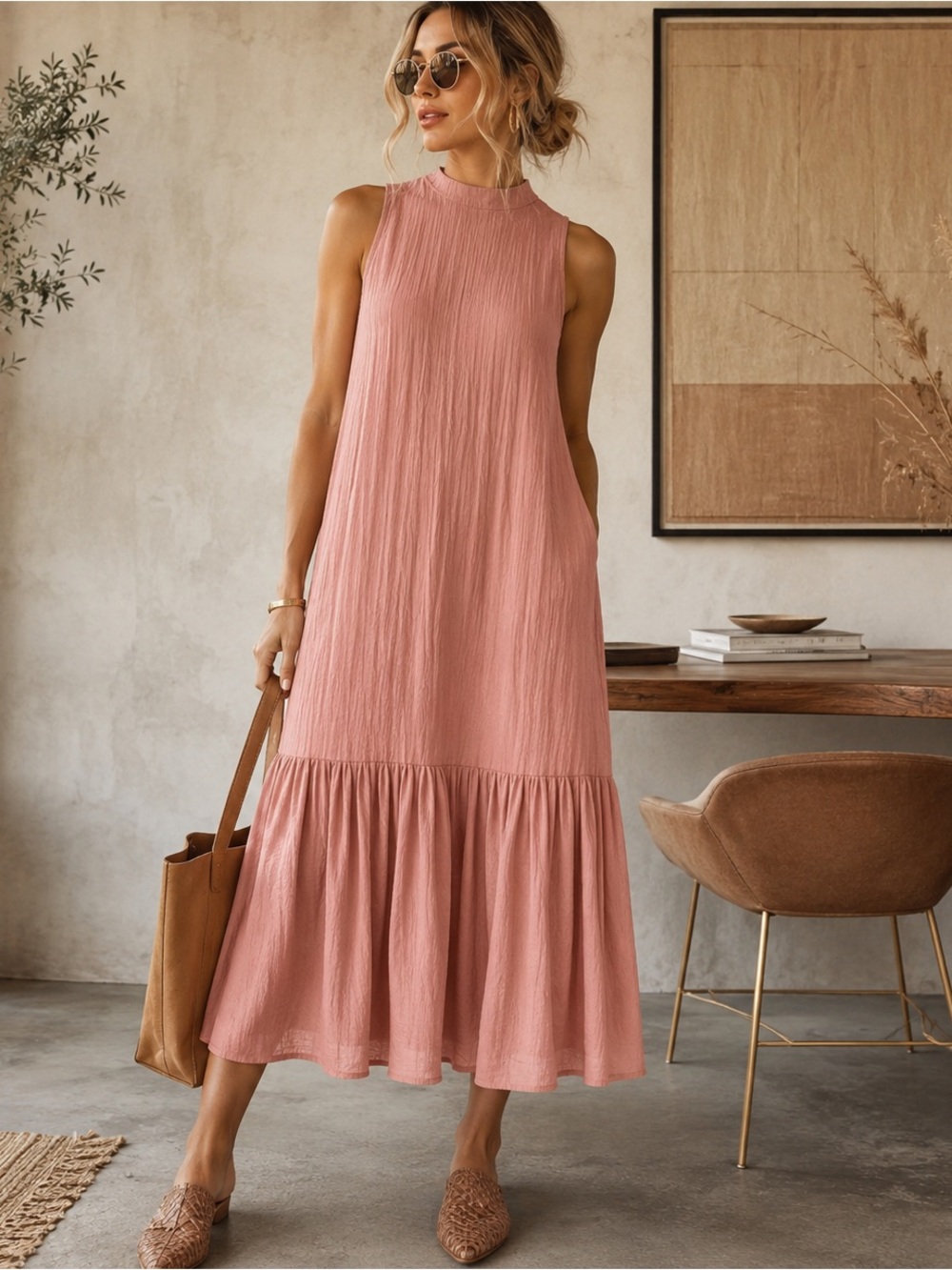 NORDSTROM Sleeveless Seersucker Maxi Dress Pink Desert Size Medium